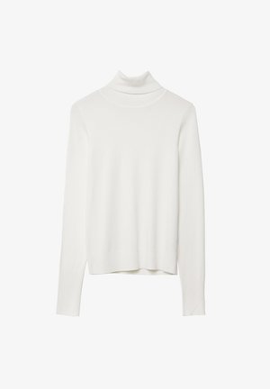 Hvid turtleneck sweater med lange ærmer, ribbet tekstur, tætsiddende design og lige kant, lavet af blødt strikmateriale.