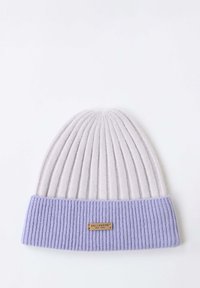 Light gray knitted beanie with a lavender ribbed cuff, featuring a small brown leather label with "BELLEMARE NEW YORK" on the front.