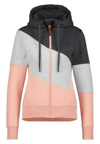 Felpa con cappuccio nera, grigia e rosa. Presenta una zip frontale, blocchi di colore diagonali, cordini e un piccolo logo a forma di cuore sul petto.