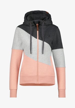 Hooded sweatshirt in black, grey, and pink. Features a zip front, diagonal color blocks, drawstrings, and a small heart logo on the chest.