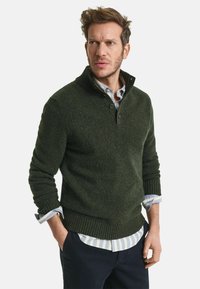 Dunkelgrüner Strickpullover mit hohem Kragen und drei Knopfverschluss. Mit gerippten Bündchen und Saum. Über einem hellblauen gestreiften Hemd getragen.