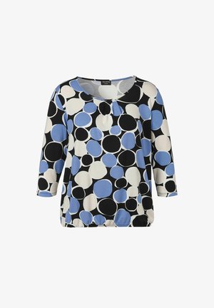 Long-sleeve top featuring a black, white, and blue polka dot pattern; round neckline with a small keyhole detail; elastic hem.