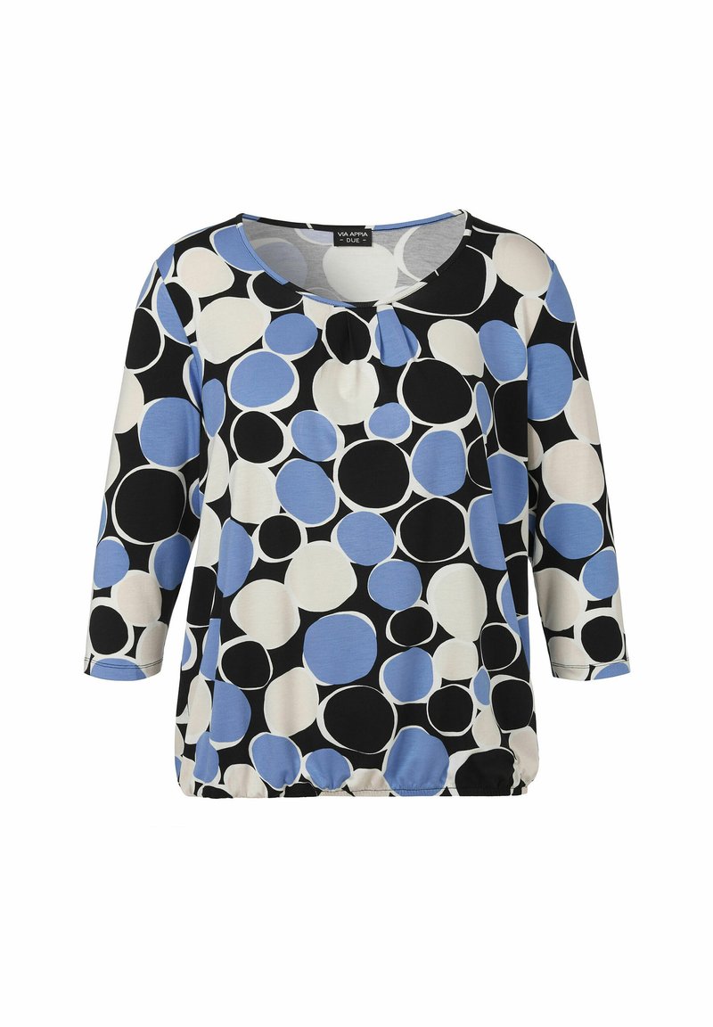 Langärmliges Oberteil mit einem schwarz-weiß-blauen Punkte-Muster; runder Ausschnitt mit einem kleinen Schlüssellochdetail; elastischer Saum.