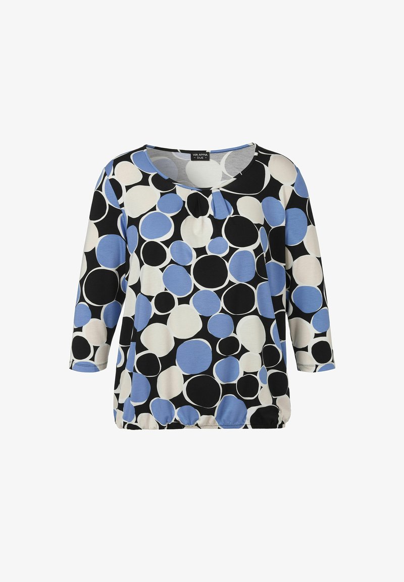 Langärmliges Oberteil mit einem schwarz-weiß-blauen Punkte-Muster; runder Ausschnitt mit einem kleinen Schlüssellochdetail; elastischer Saum.