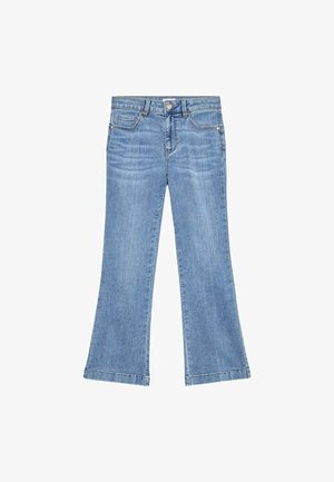 Lyseblå, flagrende denimjeans med mellemhøj talje, fem lommer og subtil falming. Hvide syninger fremhæver lommer og kant.