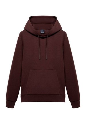 Sudadera burdeos hecha de tela suave, con un gran bolsillo frontal, capucha ajustable con cordón y puños y dobladillo acanalados.