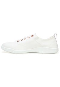 White sneaker with canvas upper, round toe, rose gold eyelets, and a textured sole. Lightly padded collar and pull tab at the heel.