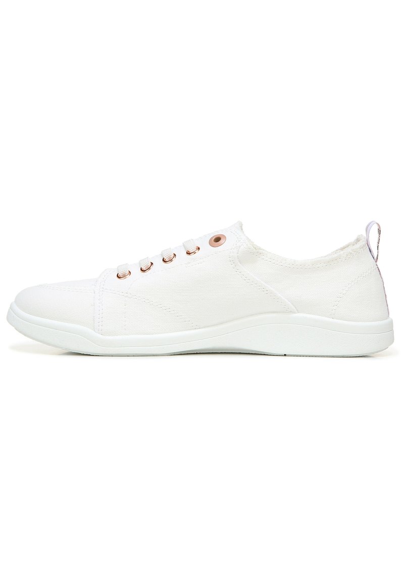 White sneaker with canvas upper, round toe, rose gold eyelets, and a textured sole. Lightly padded collar and pull tab at the heel.