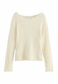 Gelaagde crèmekleurige trui met lange mouwen en een brede halslijn. Kenmerkt zich door een geribbeld patroon en een golfvormige rand. Gemaakt van een zachte gebreide stof.