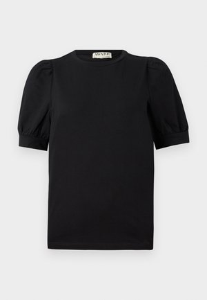 Black short-sleeve top made of soft fabric. Features puffed sleeves and a crew neckline. Simple design, with no visible patterns or decorations.