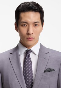 Άνδρας με ανοιχτό γκρι κοστούμι, λευκό πουκάμισο και σκούρο γραμμομοτίβο γραβάτα, στραμμένος μπροστά με ουδέτερη έκφραση, σε λευκό φόντο.