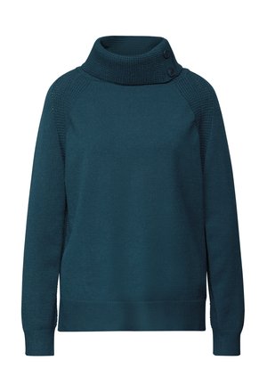 Turkusowy sweter z wysokim, prążkowanym kołnierzem. Posiada raglanowe rękawy, teksturowane panele na ramionach oraz dwa ozdobne guziki na kołnierzu.