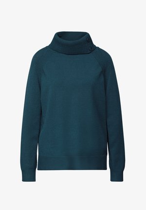 Turquoise trui met een hoge, geribbelde kraag. Heeft raglanmouwen, getextureerde schouderpanelen en twee decoratieve knopen op de kraag.