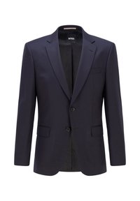 Granatowa marynarka wykonana z gładkiego materiału z dwoma guzikami, bocznymi kieszeniami i klapami w szpic; ma wzorzystą podszewkę.