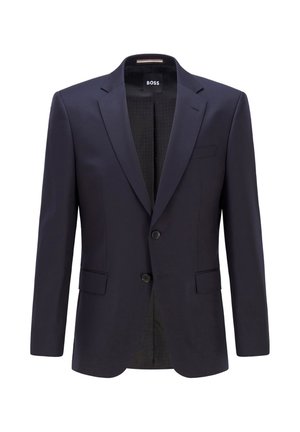 Granatowa marynarka wykonana z gładkiego materiału z dwoma guzikami, bocznymi kieszeniami i klapami w szpic; ma wzorzystą podszewkę.