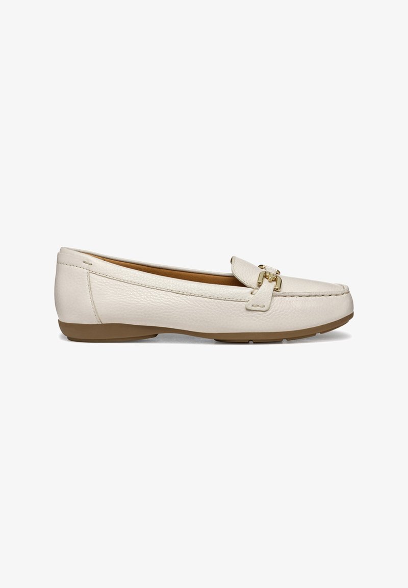 Leather loafers in cream with a textured finish, a gold-tone hardware accent, and a rubber sole. The design is classic and streamlined.