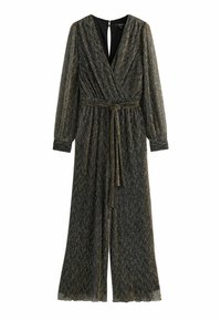 Schwarzer und goldener Jumpsuit aus strukturiertem Stoff. Lange Ärmel, taillierter Schnitt und Ausschnitt im Rücken. Design mit weit auslaufendem Bein.