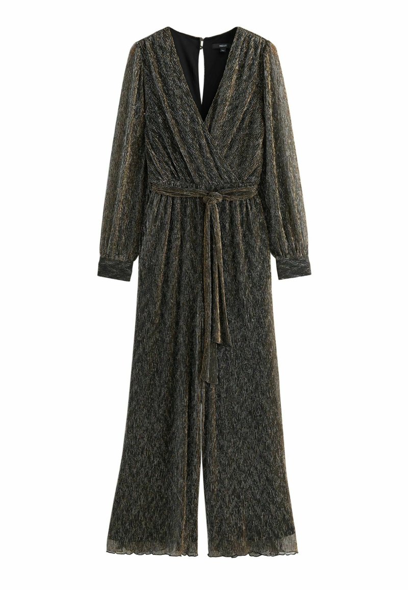 Schwarzer und goldener Jumpsuit aus strukturiertem Stoff. Lange Ärmel, taillierter Schnitt und Ausschnitt im Rücken. Design mit weit auslaufendem Bein.