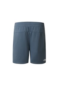 Men's shorts, grey fabric with a textured pattern, elastic waistband, side pockets, and branded logo on the lower left side.