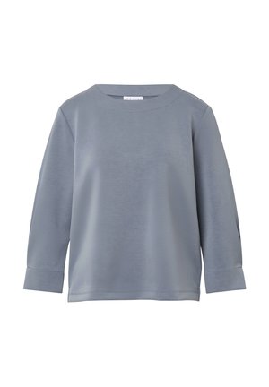 Light grey long-sleeve top with a wide round neckline, soft texture, and slightly cuffed sleeves. Smooth fabric with minimal design details.