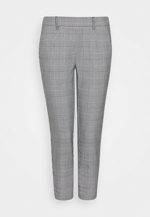 Pantalon slim gris et blanc avec un motif à carreaux noir, passants de ceinture et fermeture éclair fly.