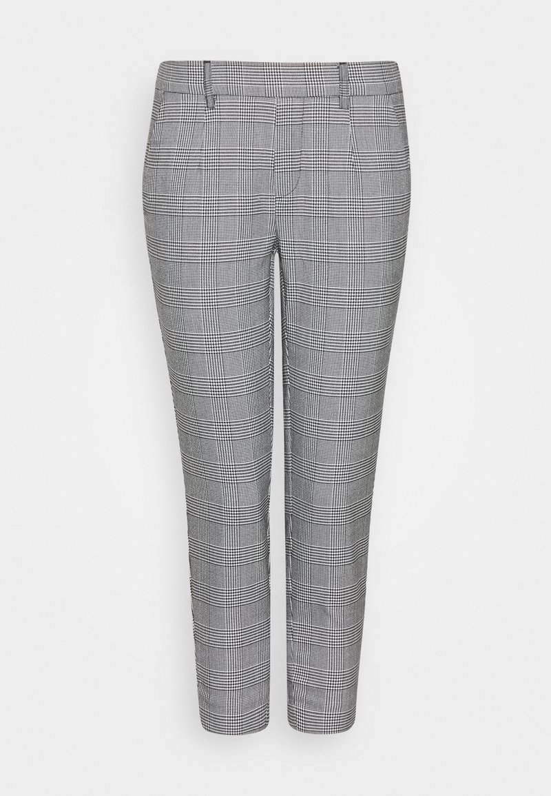 Pantalon slim gris et blanc avec un motif à carreaux noir, passants de ceinture et fermeture éclair fly.