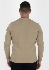 Maglione beige lavorato a maglia con orlo e polsini a coste, caratterizzato da un classico design a girocollo. Tessuto liscio e forma aderente. Visuale posteriore mostrata.