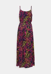 Maxiklänning i mörkt tyg med ett livligt blommönster i rosa, gult och grönt. Spaghettistopp och elastisk midjedetalj.