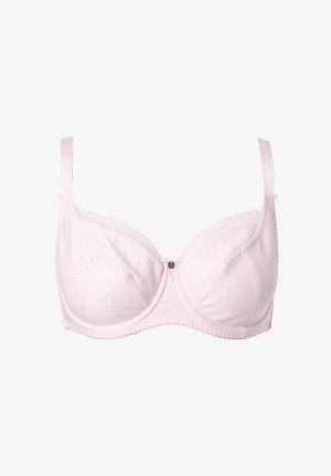 Sujetador rosa con aros, confeccionado en tela texturizada con pequeños puntos en relieve, con encaje en los bordes y tirantes ajustables con cierre frontal.