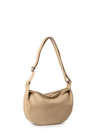 Beige Leder-Umhängetasche mit einer geschwungenen Form, einem einzelnen Tragegurt und einem Reißverschluss. Glatte Textur und minimalistisches Design.