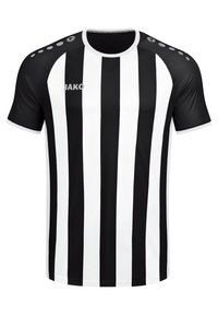 Maillot de sport rayé noir et blanc à manches courtes, col rond, avec un détail de logo sur le devant et des accents contrastants sur les épaules.