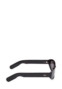 Lunettes de soleil noires à monture épaisse avec des verres teintés foncés et un petit logo Adidas sur la branche latérale, vues de profil.