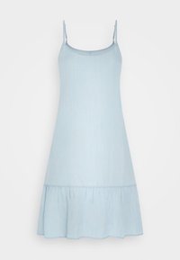 Světlomodré bezramínkové šaty vyrobené z měkké tkaniny, s přiléhavou korzetovou částí, nastavitelnými ramínky a volánkovým rozšířeným lemem na spodní části.