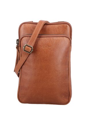Braune Leder-Crossbody-Tasche mit glatter Textur, Reißverschluss, verstellbarem Tragegurt und dezent geprägtem Markenlogo.