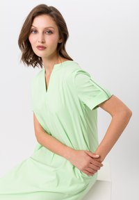 Groene, kortärmelige jurk met een V-hals en een ontspannen pasvorm. Zachte stof, licht geplooid, met subtiele stiksels op de mouwen.