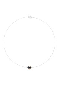 Collier en fil argenté mettant en avant une seule perle sombre comme point focal. Design simple et moderne avec fermoir.