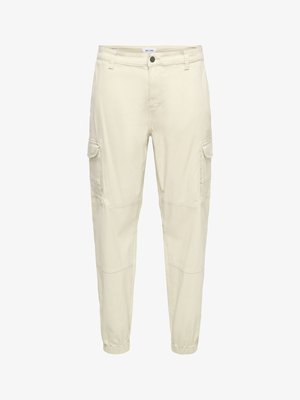 Lichtbeige cargobroek van een katoenmix, met meerdere zijzakken, elastische boorden en een klassieke knoop- en ritssluiting.