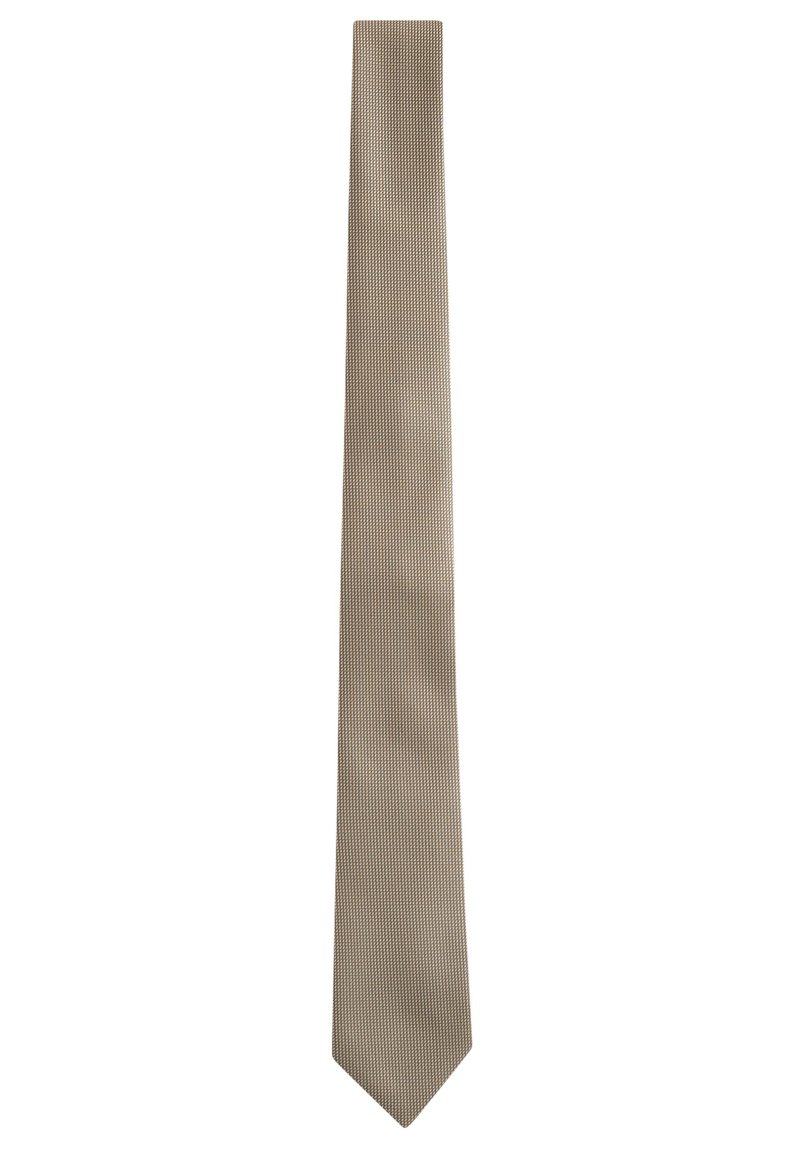 Beige strukturierte Krawatte mit einem schmalen Design, das zarte diagonale Muster aufweist und eine spitze Spitze hat. Glattes Material mit einem leichten Glanz.