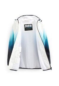 Giacca leggera con una sfumatura da bianco a blu alle spalle, accenti neri, fodera interna in rete e etichetta con logo all'interno.