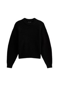 Maglione nero lavorato a maglia con scollatura rotonda, maniche lunghe e vestibilità morbida. Struttura a coste e dettaglio dell'orlo, realizzato in materiale morbido.