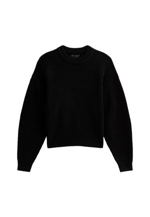 Pull en maille noire avec un col rond, des manches longues et une coupe décontractée. Texture côtelée et détails en ourlet, fabriqué à partir d'un matériau doux.