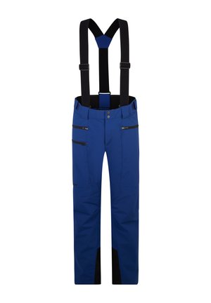 Pantaloni de schi albaștri cu accente negre, bretele ajustabile negre, două buzunare cu fermoar și o margine inferioară întărită pentru durabilitate.