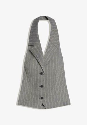 Grey pinstripe sleeveless blazer top with wide lapels and three black buttons down the front.