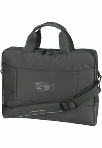 Sacoche d'ordinateur portable noire avec texture en tissu, deux poignées, bandoulière amovible et fermeture à glissière. Présente des détails de couture et un accent de logo.