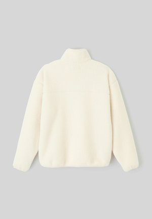 Pull en polaire blanc avec un col haut, coupe décontractée et manches longues. Tissu doux et texturé sans motifs ni accents visibles.