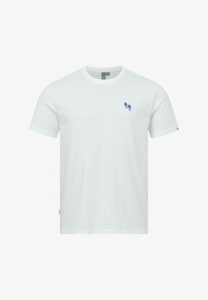 Witte T-shirt met korte mouwen, voorzien van een kleine blauwe teenslipperprint op de linkerborst en een logolabel aan de linkermouw.