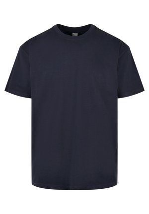 Camiseta de algodón azul marino de manga corta, con cuello redondo y un corte relajado. Textura suave, sin patrones o adornos visibles.