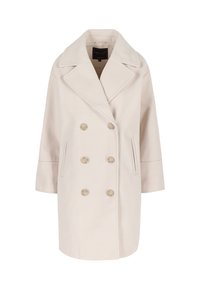 Jasno beżowy płaszcz dwurzędowy z szerokimi klapami, wyposażony w sześć guzików, boczne kieszenie i zarysowaną sylwetkę. Teksturowana tkanina.