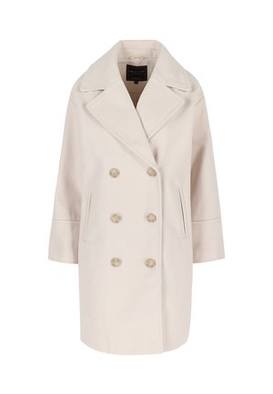 Light beige double-breasted coat with a wide lapel, featuring six buttons, side pockets, and a structured silhouette. Textured fabric.