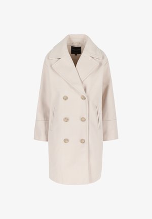 Svetlo bež dvoredni plašč s širokimi reverji, ki ima šest gumbov, stranske žepke in strukturirano silhueto. Teksturovan material.